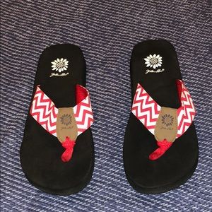 yellow box red/white chevron flip flops